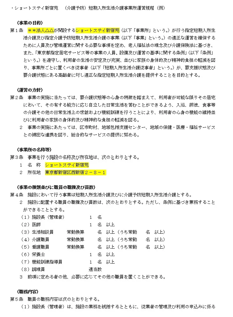 東京都　短期入所生活介護　運営規定ケース例
